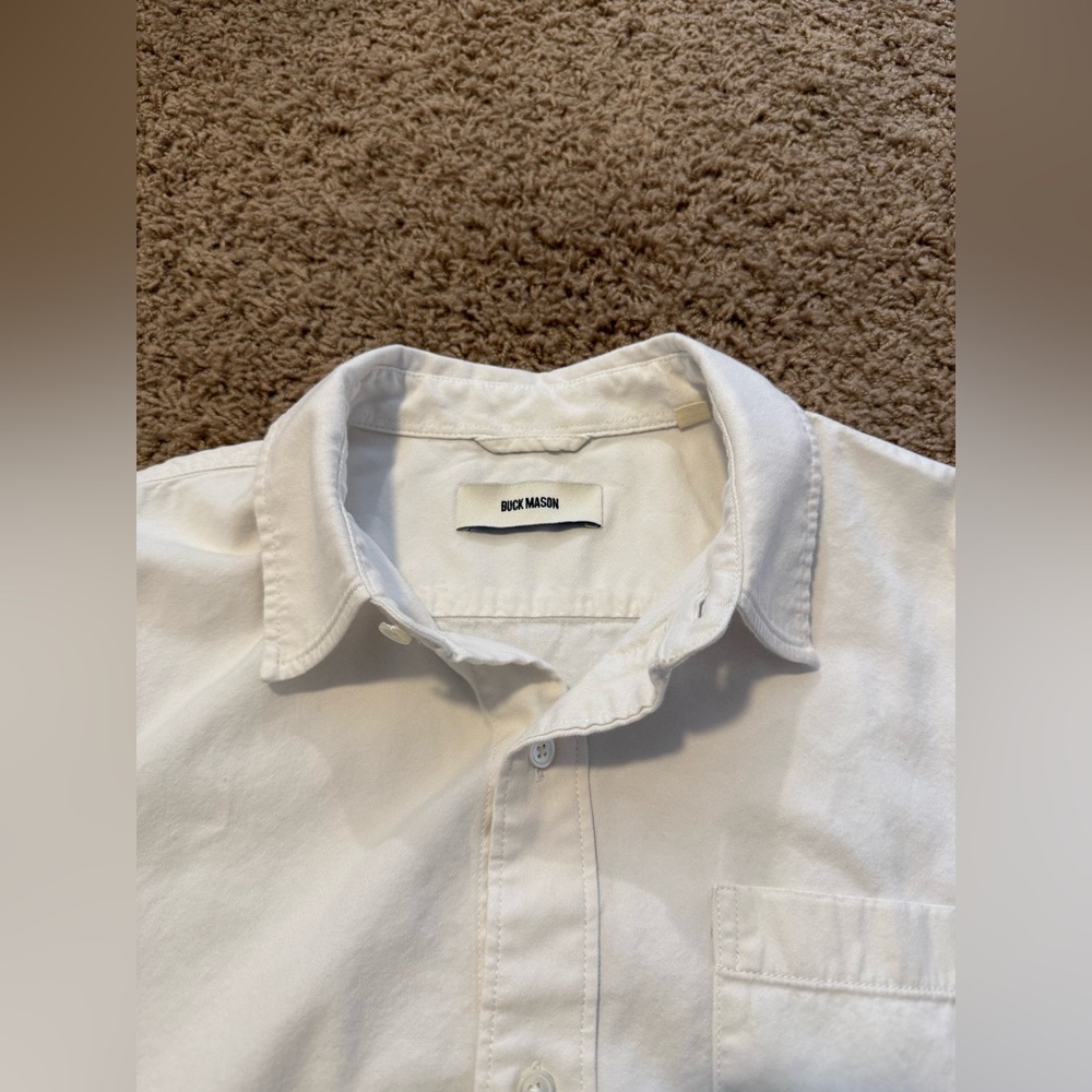 Buck Mason Draped Twill One Pocket Shirt Men’s L Ivory Cotton Short Sleeve